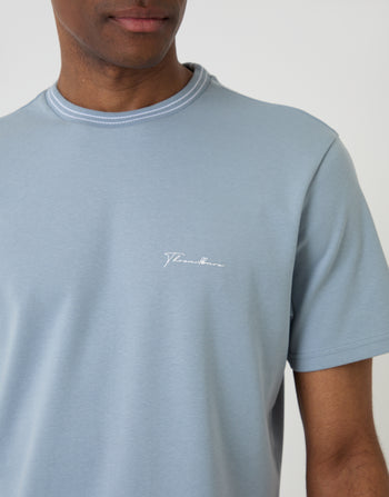 Threadbare Cotton Crew Neck Script T-Shirt in Blue - front view close up