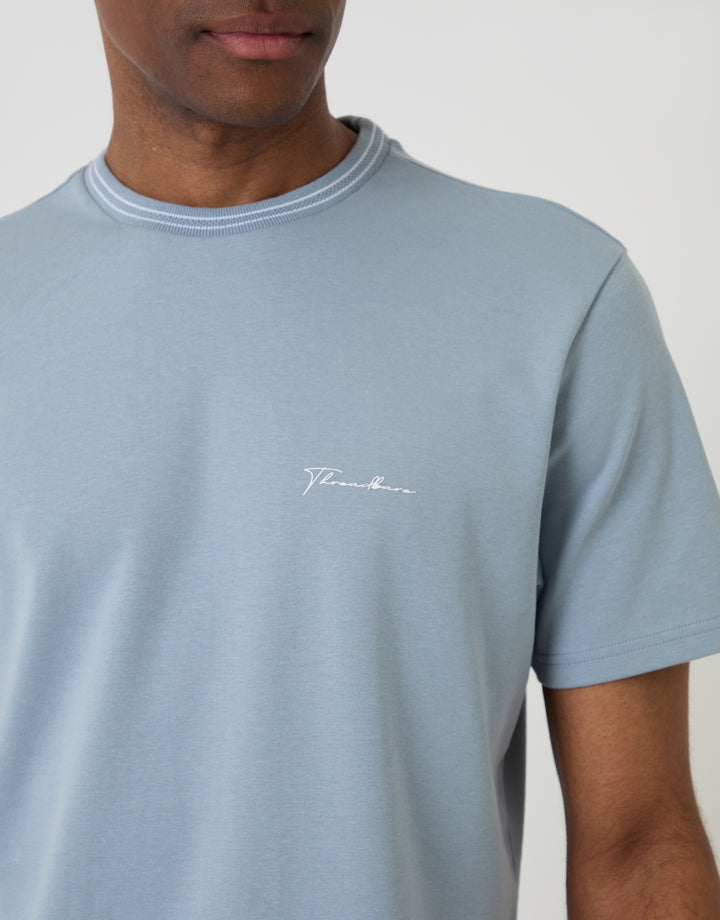 Threadbare Cotton Crew Neck Script T-Shirt in Blue - front view close up