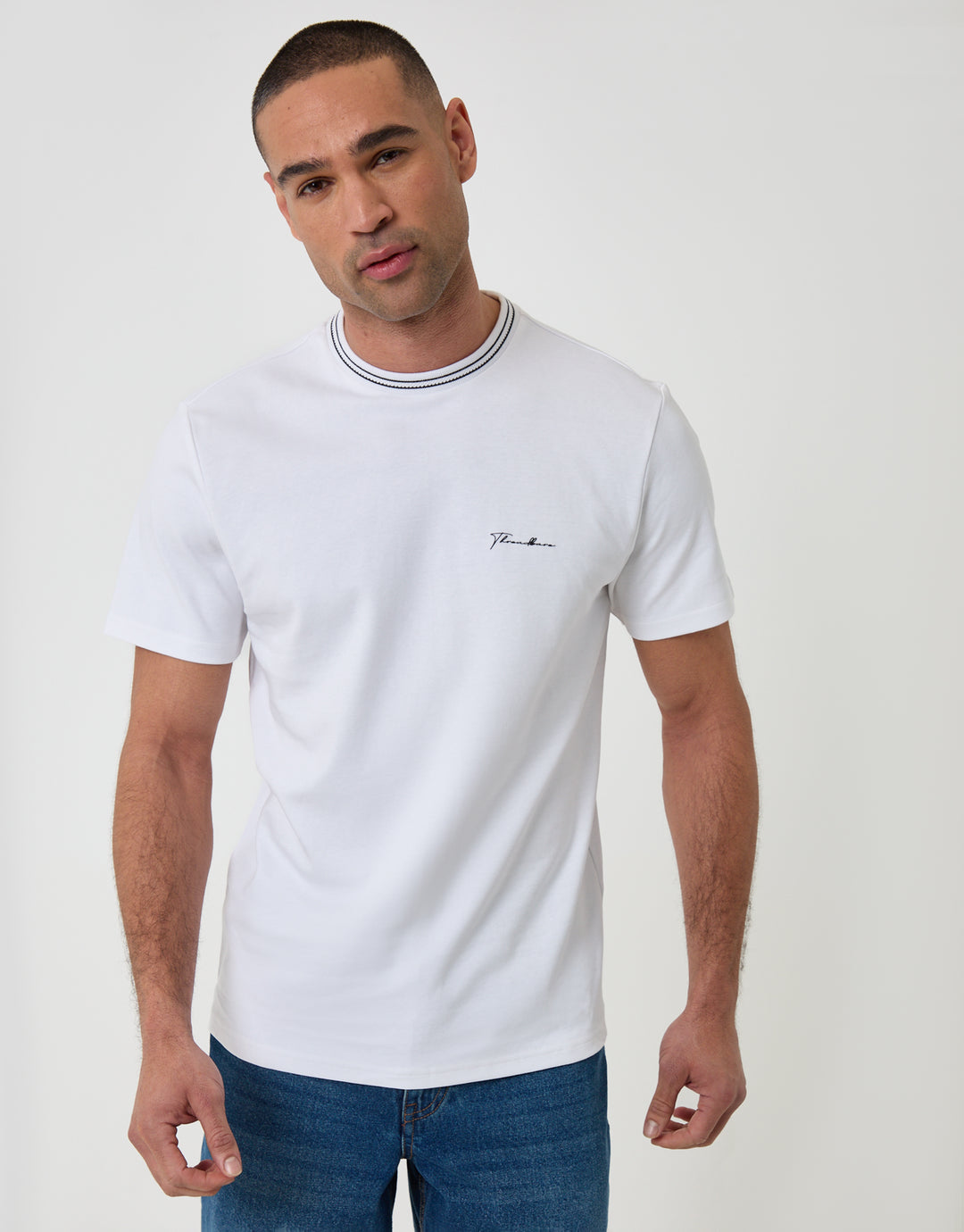 Threadbare Cotton Crew Neck Script T-Shirt in White - front view