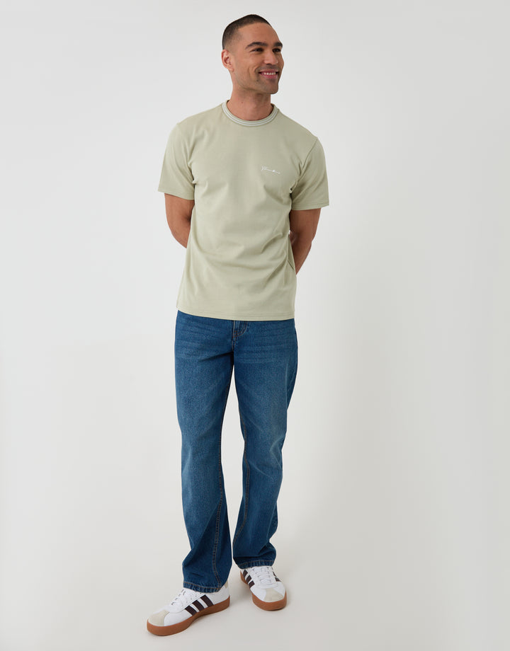 Threadbare Cotton Crew Neck Script T-Shirt in Sage Green - full body