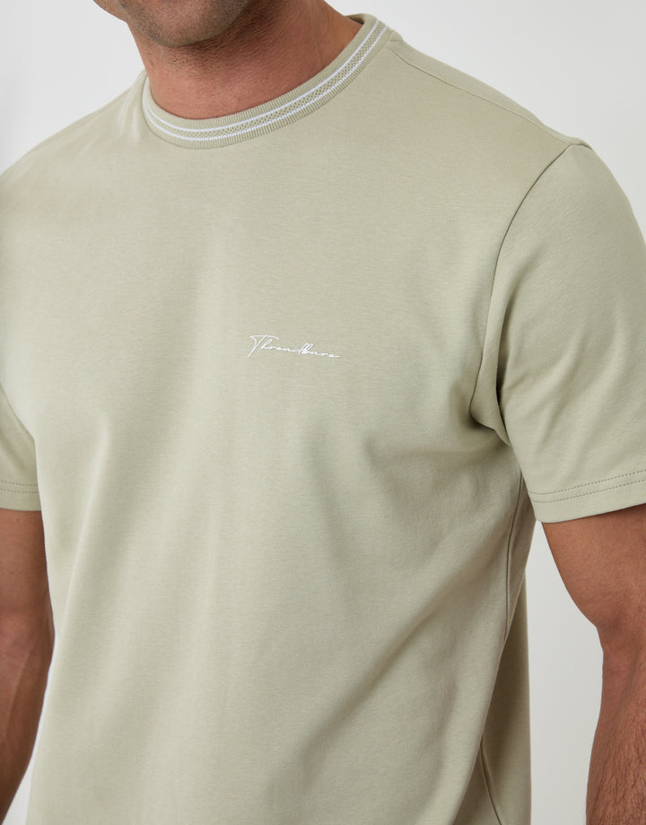 Threadbare Cotton Crew Neck Script T-Shirt in Sage Green - front view close up