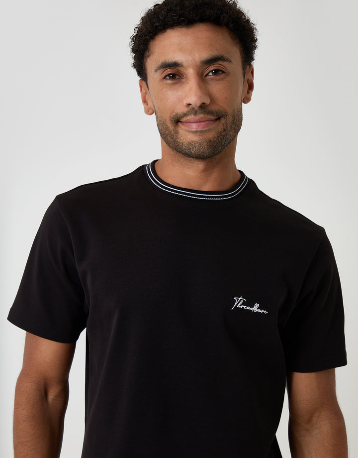 Threadbare Cotton Crew Neck Script T-Shirt in Black - neckline close up