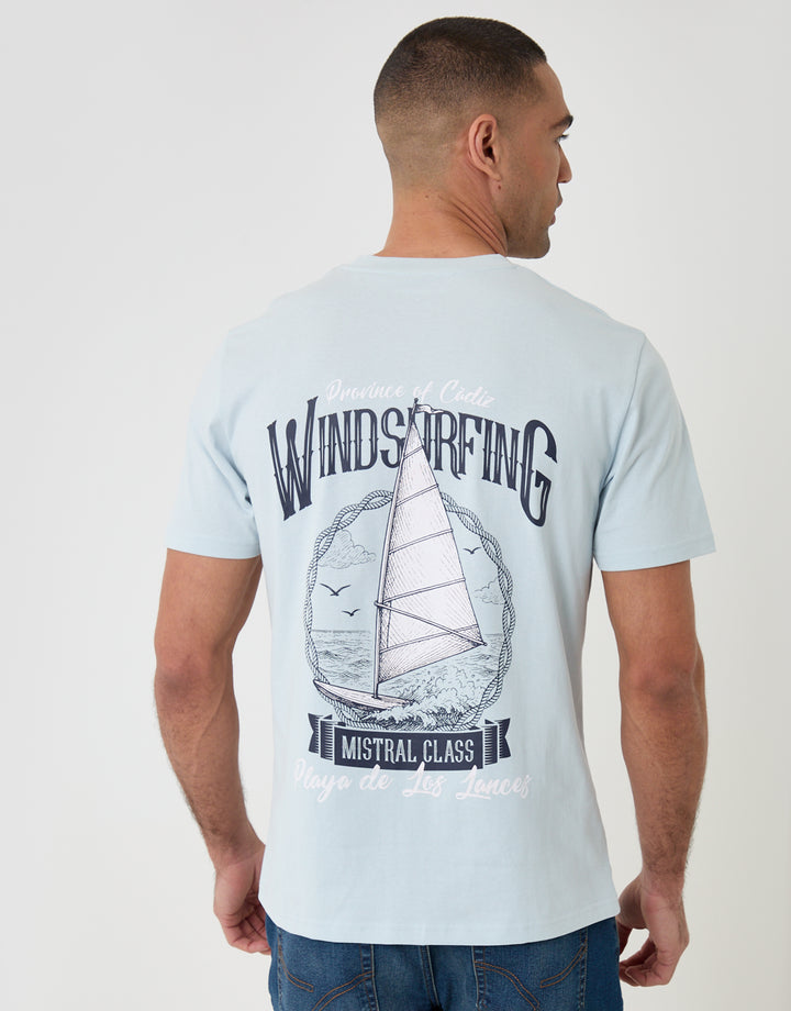 Threadbare Windsurfing Cotton Crew Neck T-Shirt in Blue - back view