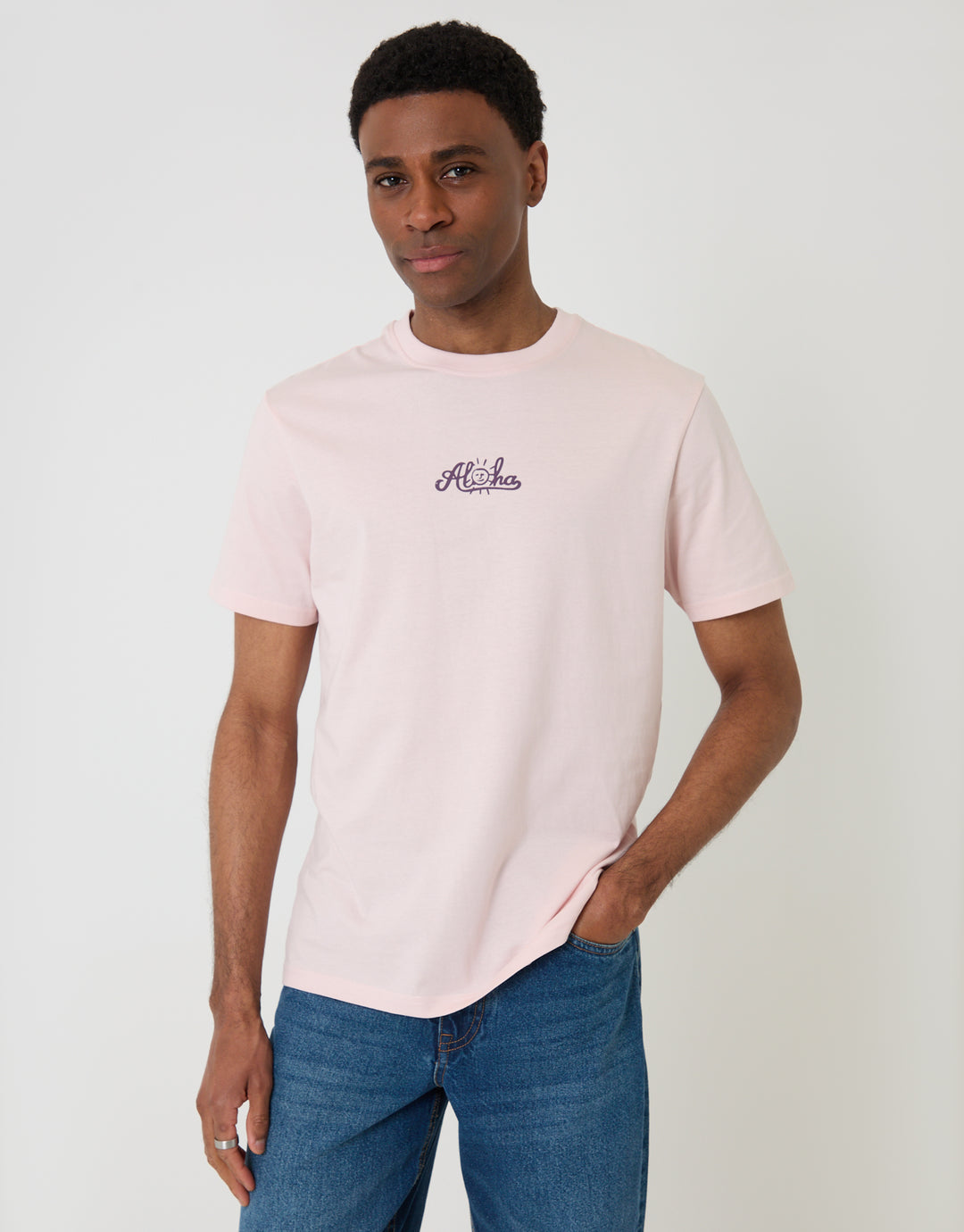 Threadbare Aloha Cotton Crew Neck T-Shirt in Pink - front view