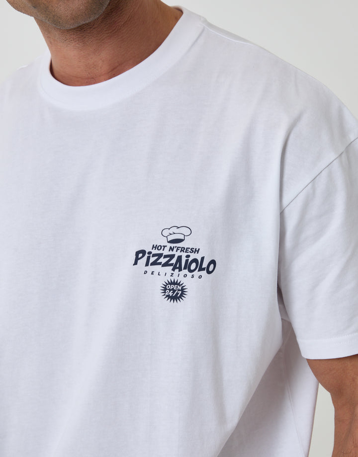 Threadbare Oversized Pizzaiolo Cotton T-Shirt in White - front graphic close up