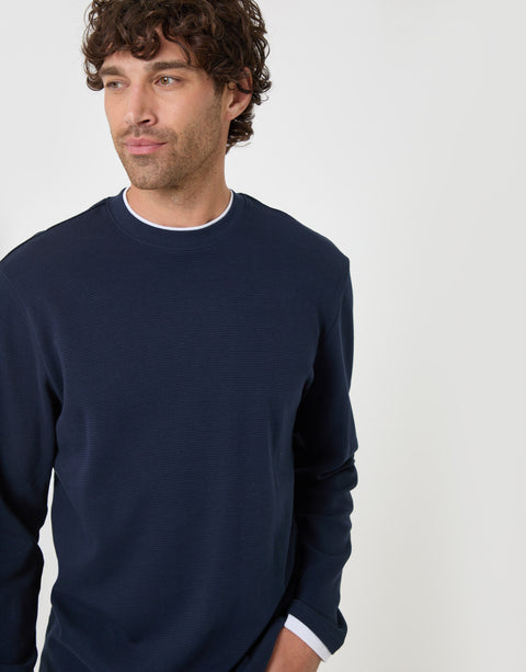 Threadbare Cotton Mock Layer Long Sleeve T-Shirt in Navy - close up