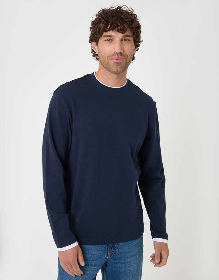 Threadbare Cotton Mock Layer Long Sleeve T-Shirt in Navy - front view