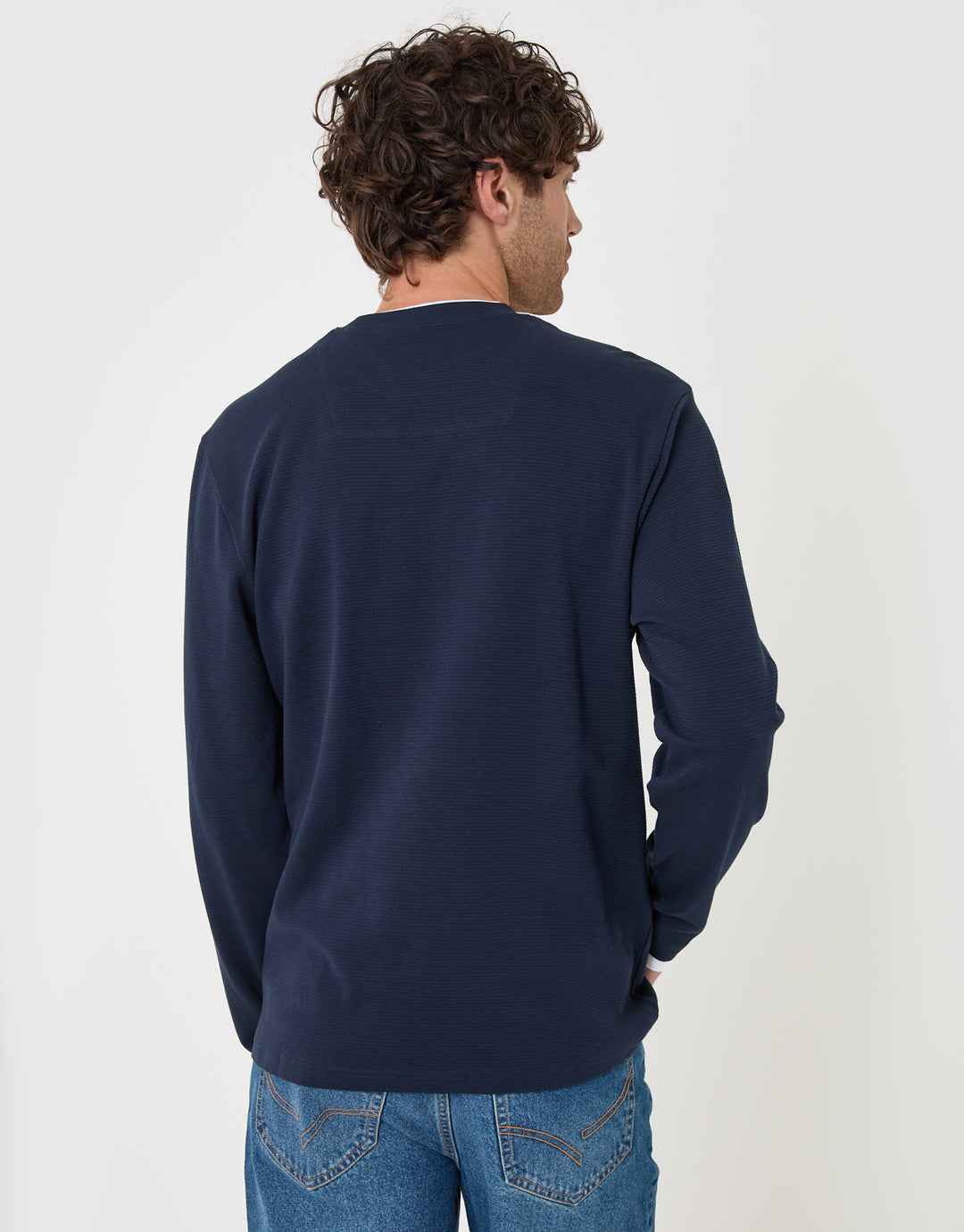 Threadbare Cotton Mock Layer Long Sleeve T-Shirt in Navy - back view