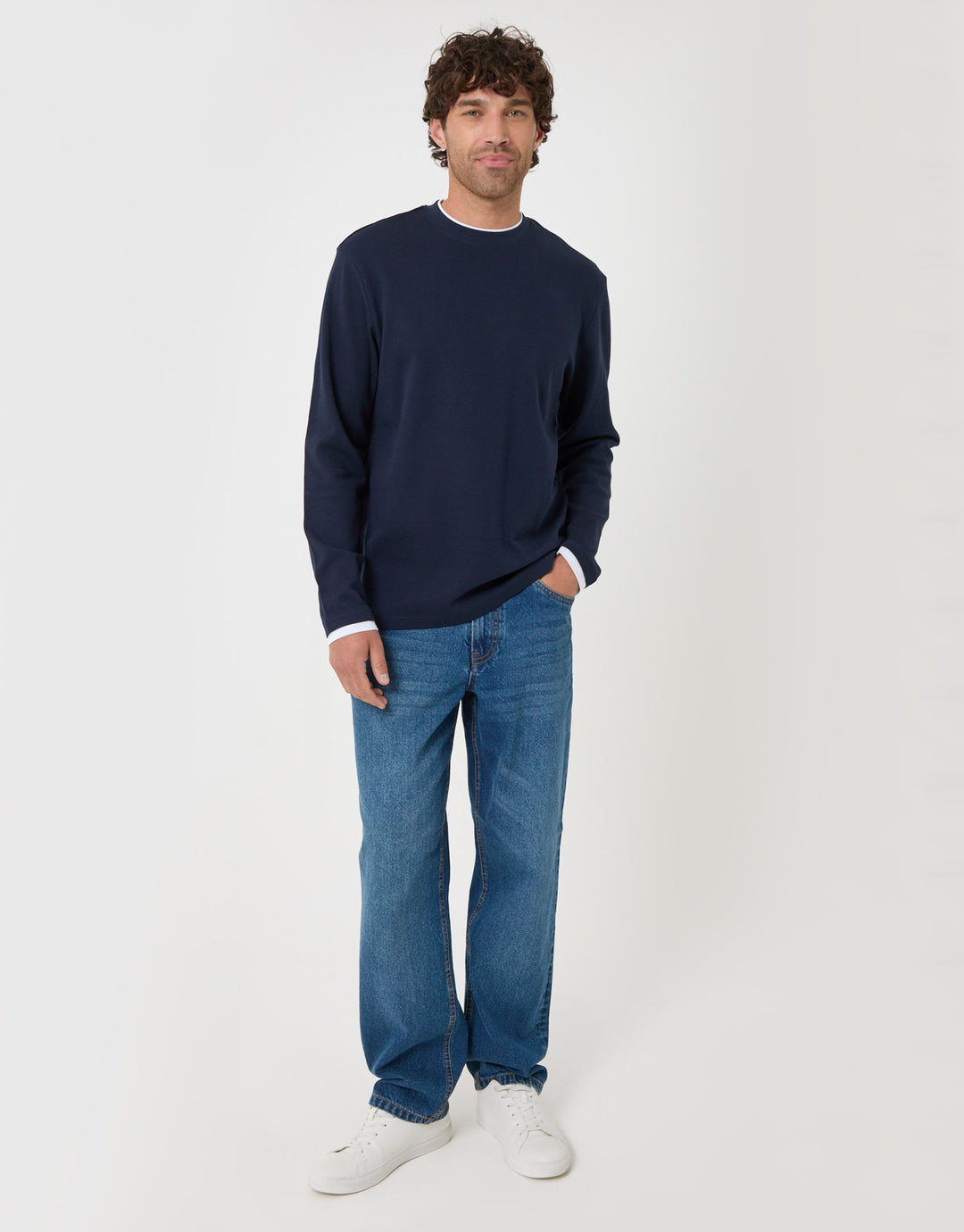 Threadbare Cotton Mock Layer Long Sleeve T-Shirt in Navy - full body