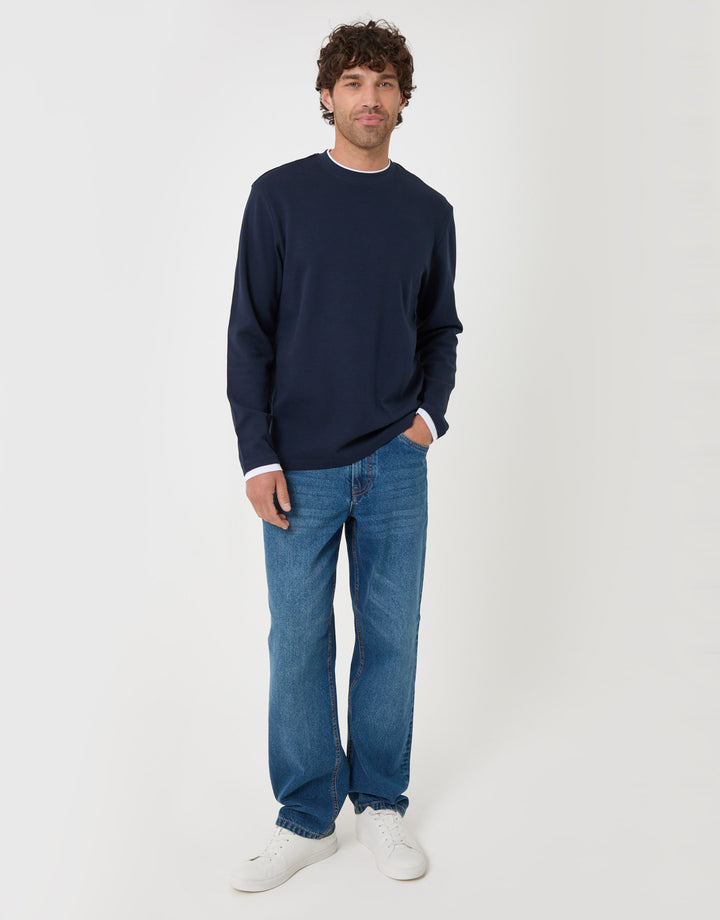 Threadbare Cotton Mock Layer Long Sleeve T-Shirt in Navy - full body