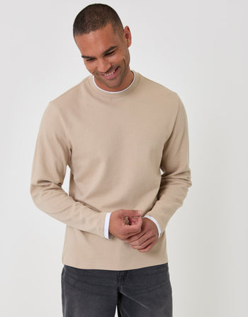 Threadbare Cotton Mock Layer Long Sleeve T-Shirt in Stone - front view