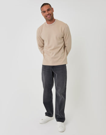 Threadbare Cotton Mock Layer Long Sleeve T-Shirt in Stone - full body