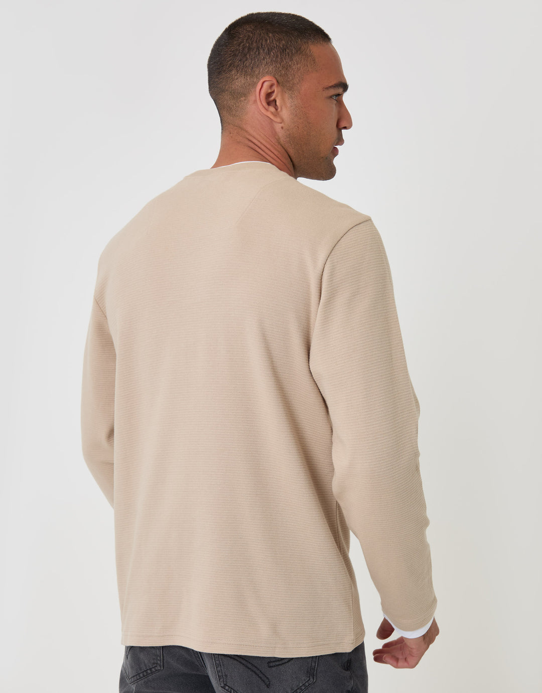 Threadbare Cotton Mock Layer Long Sleeve T-Shirt in Stone - back view