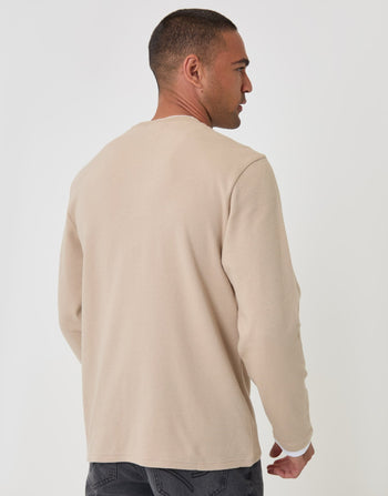 Threadbare Cotton Mock Layer Long Sleeve T-Shirt in Stone - back view