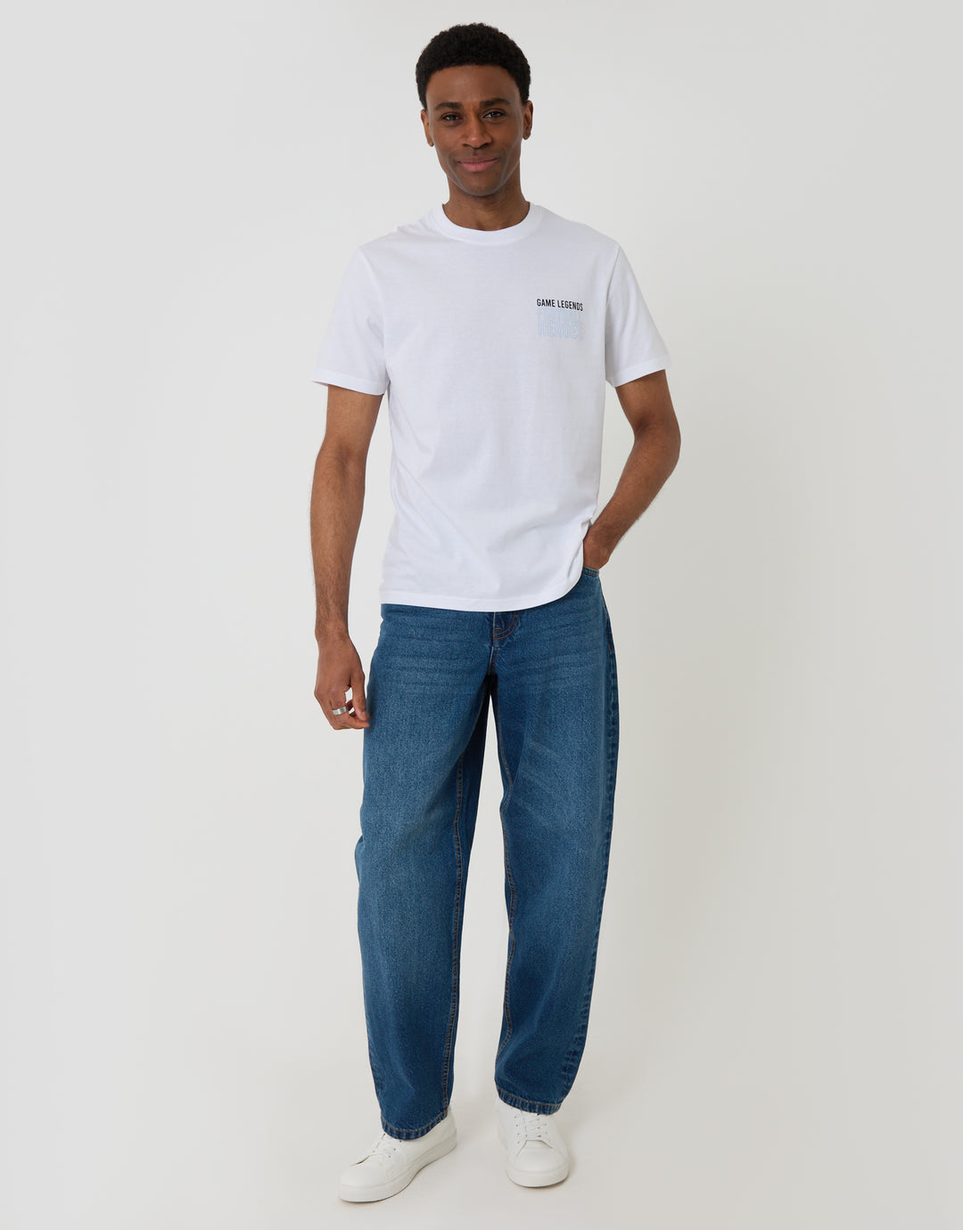 Threadbare Regular Fit Football Heroes Cotton T-Shirt in White - full body