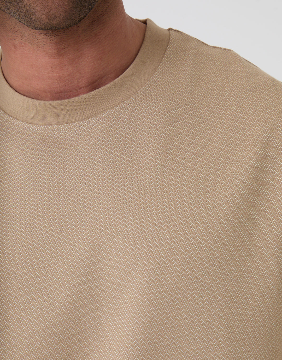 Threadbare Relaxed Fit Textured Cotton Crew Neck T-Shirt in Stone - close up