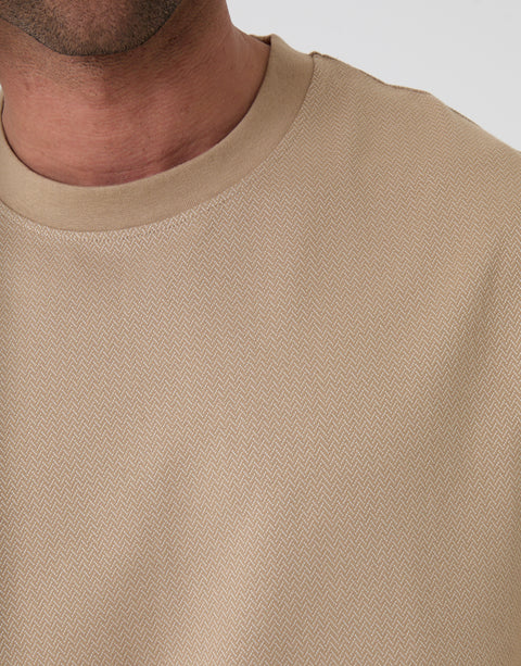 Threadbare Relaxed Fit Textured Cotton Crew Neck T-Shirt in Stone - close up