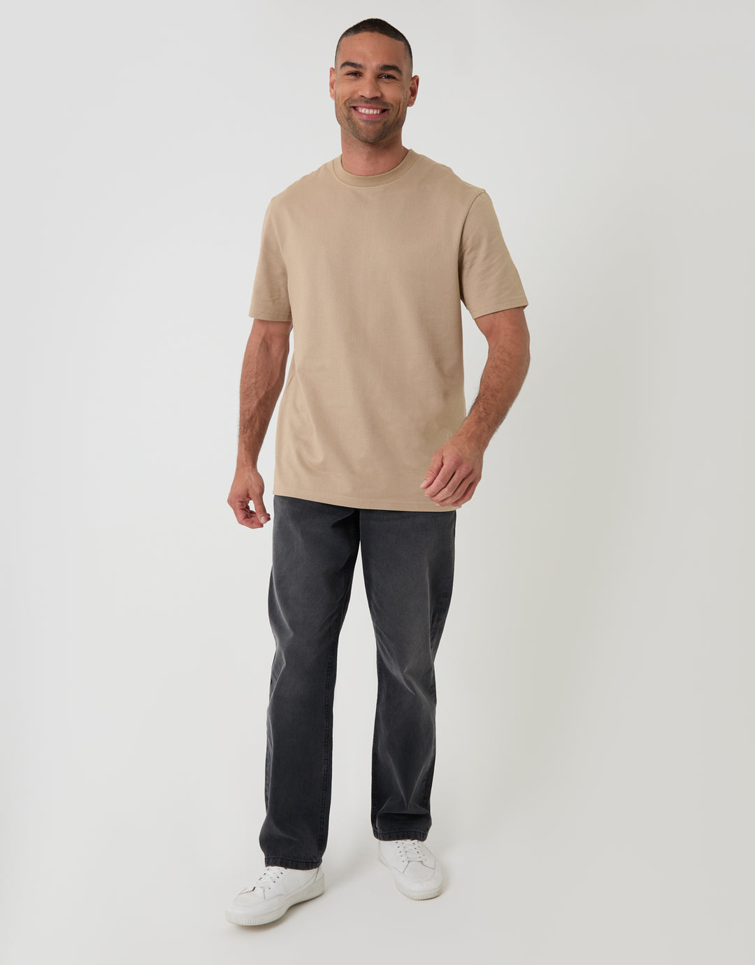 Threadbare Relaxed Fit Textured Cotton Crew Neck T-Shirt in Stone - full body