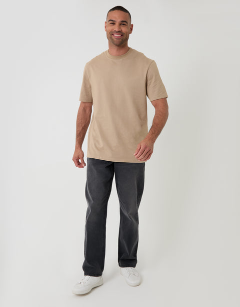 Threadbare Relaxed Fit Textured Cotton Crew Neck T-Shirt in Stone - full body