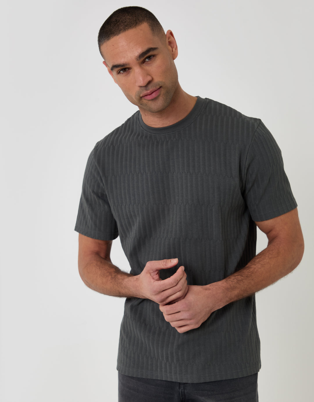 Threadbare Textured Cotton Crew Neck T-Shirt in Charcoal Grey - front view