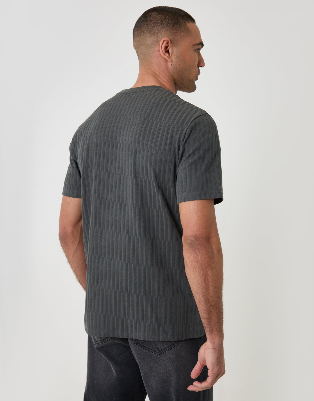 Threadbare Textured Cotton Crew Neck T-Shirt in Charcoal Grey - back view
