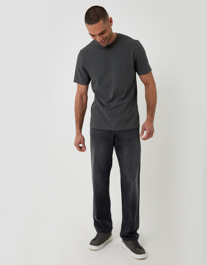 Threadbare Textured Cotton Crew Neck T-Shirt in Charcoal Grey - full body
