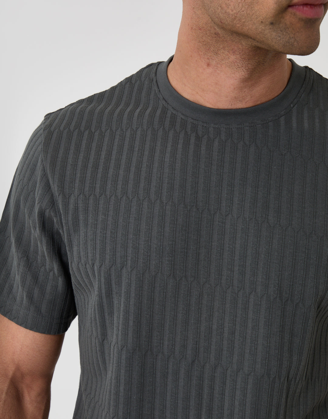 Threadbare Textured Cotton Crew Neck T-Shirt in Charcoal Grey - close up