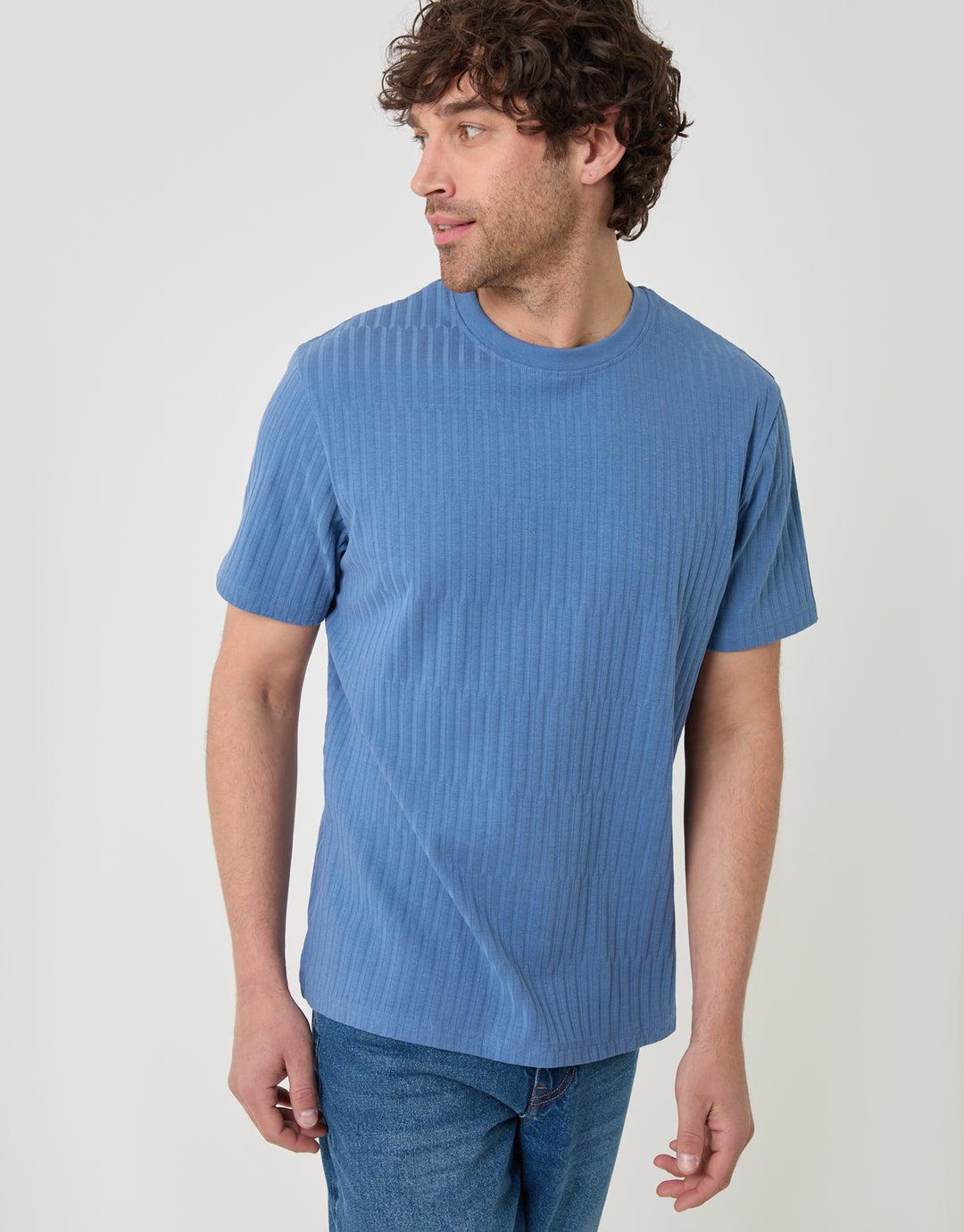 Threadbare Textured Rib Cotton Crew Neck T-Shirt in Denim Blue - front view