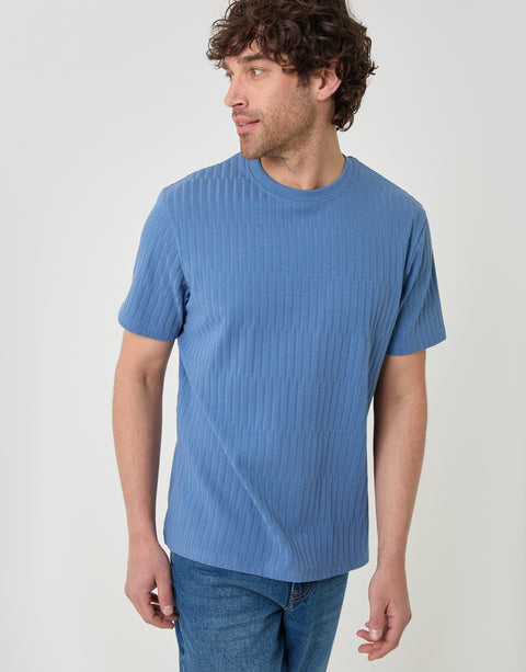 Threadbare Textured Rib Cotton Crew Neck T-Shirt in Denim Blue - front view