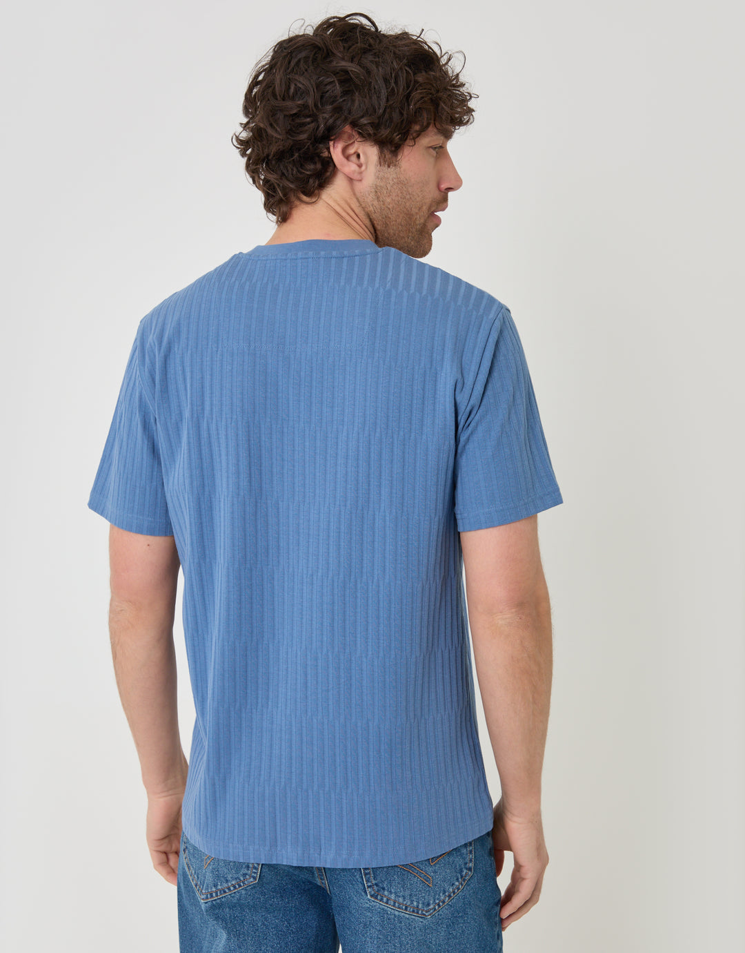 Threadbare Textured Rib Cotton Crew Neck T-Shirt in Denim Blue - back view
