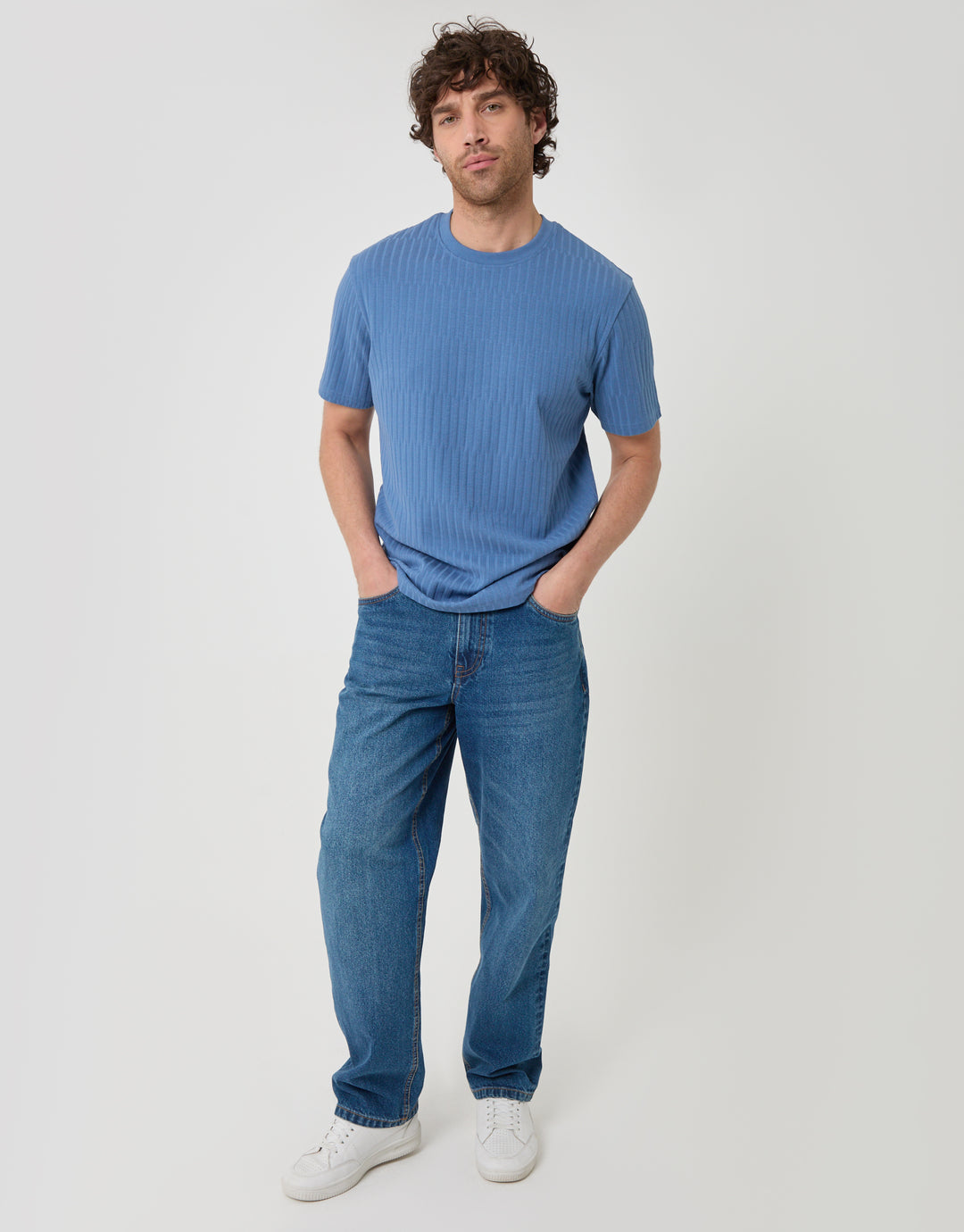 Threadbare Textured Rib Cotton Crew Neck T-Shirt in Denim Blue -full body