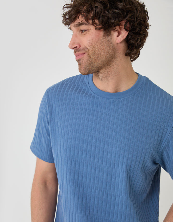 Threadbare Textured Rib Cotton Crew Neck T-Shirt in Denim Blue - close up