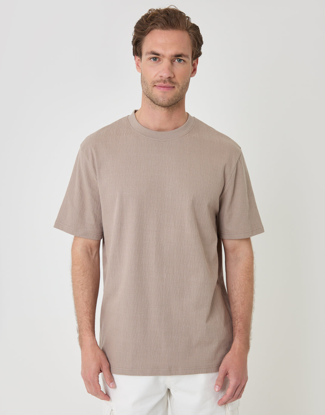 Threadbare Relaxed Fit Cotton Textured T-Shirt in Mushroom Brown - front view