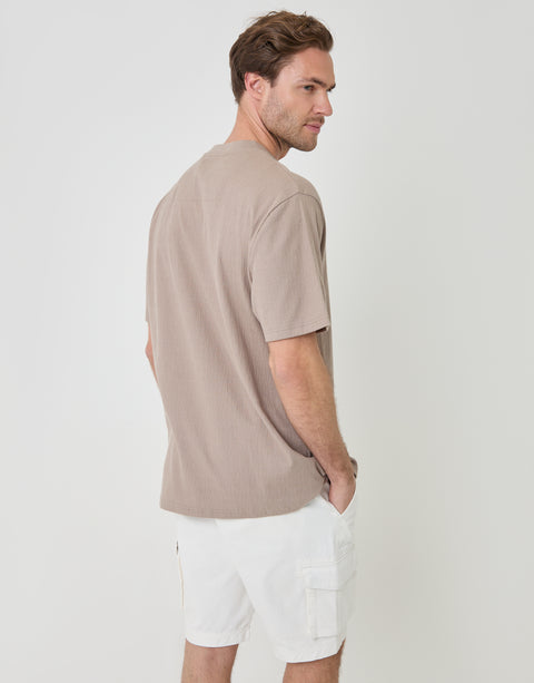 Threadbare Relaxed Fit Cotton Textured T-Shirt in Mushroom Brown - back view