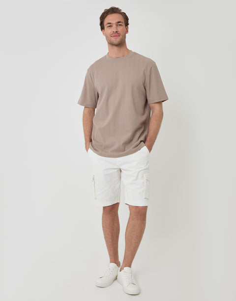 Threadbare Relaxed Fit Cotton Textured T-Shirt in Mushroom Brown - full body