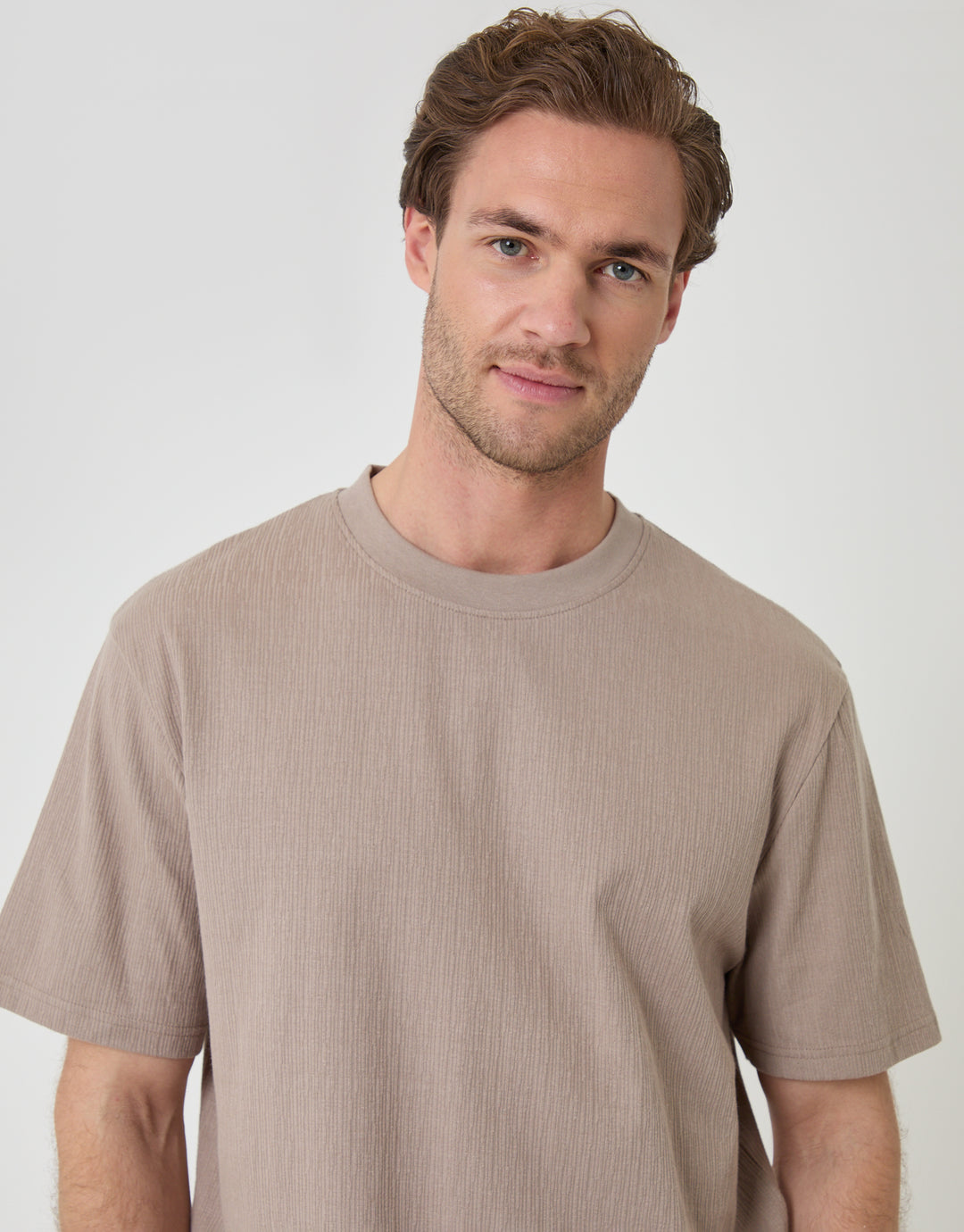 Threadbare Relaxed Fit Cotton Textured T-Shirt in Mushroom Brown - close up