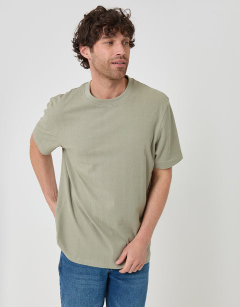 Threadbare Relaxed Fit Cotton Textured T-Shirt in Sage Green - front view
