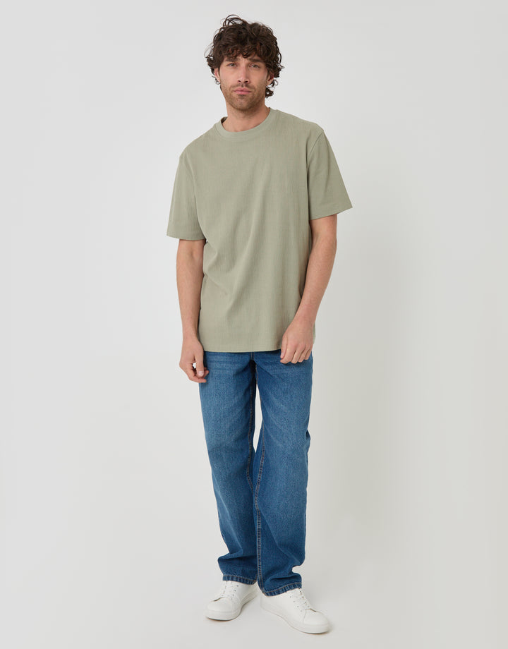 Threadbare Relaxed Fit Cotton Textured T-Shirt in Sage Green - full body