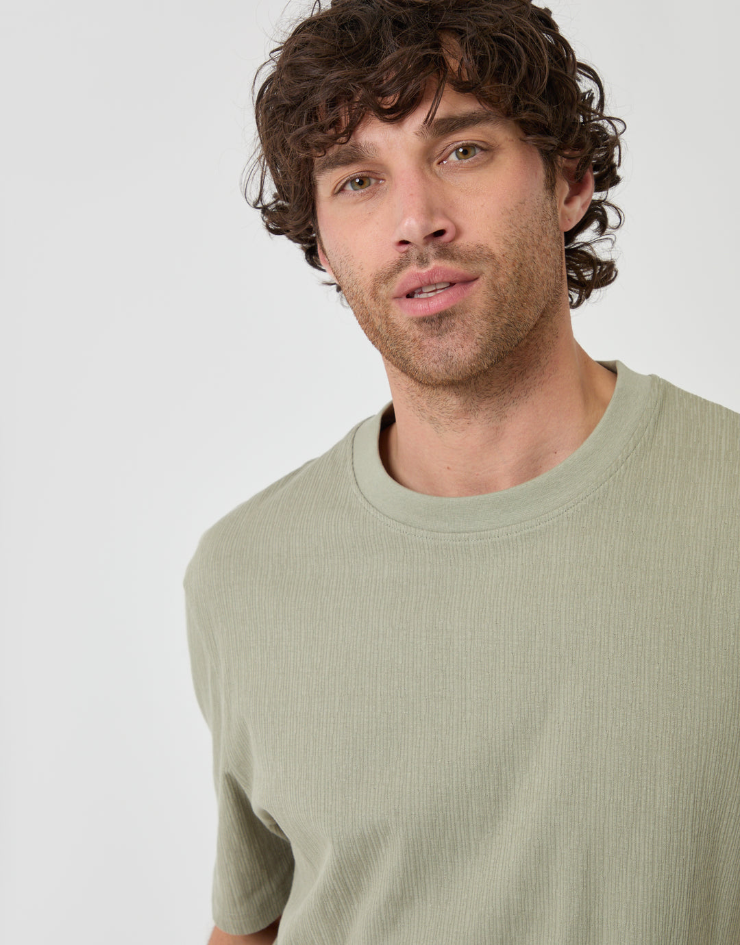 Threadbare Relaxed Fit Cotton Textured T-Shirt in Sage Green - close up