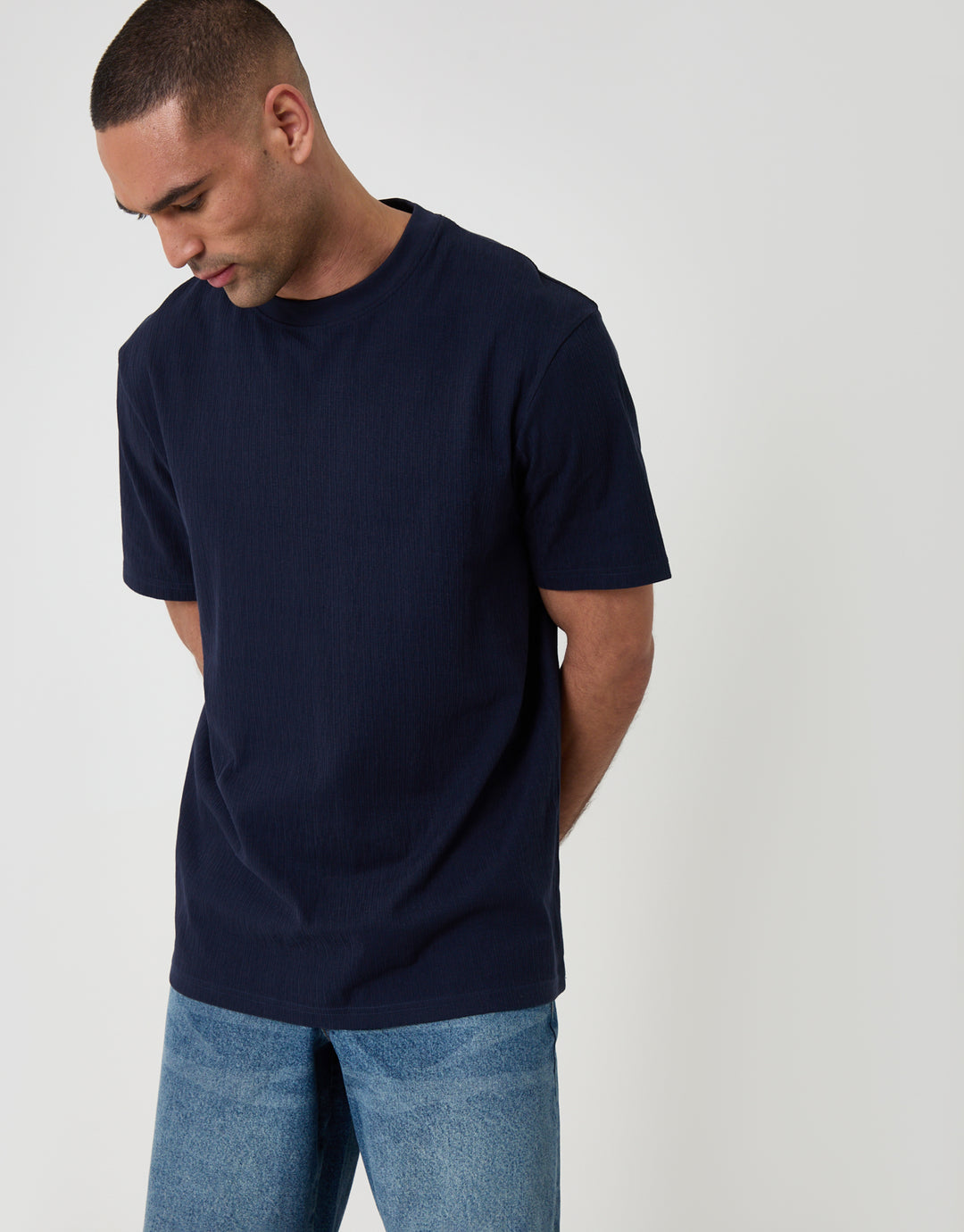Threadbare Relaxed Fit Cotton Textured T-Shirt in Navy - front view