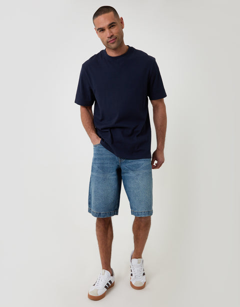Threadbare Relaxed Fit Cotton Textured T-Shirt in Navy - full body