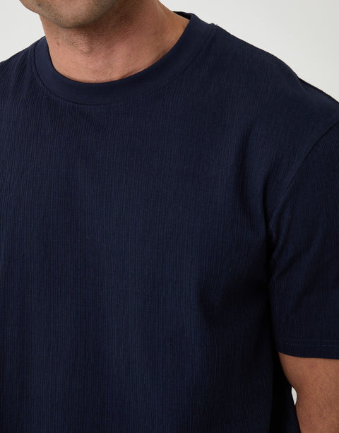 Threadbare Relaxed Fit Cotton Textured T-Shirt in Navy - close up