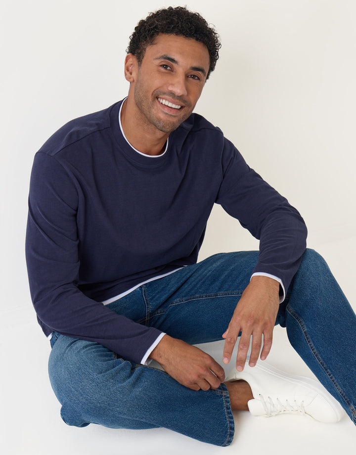 Threadbare Relaxed Fit Mock Layer Long Sleeve T-Shirt in Navy - sat down