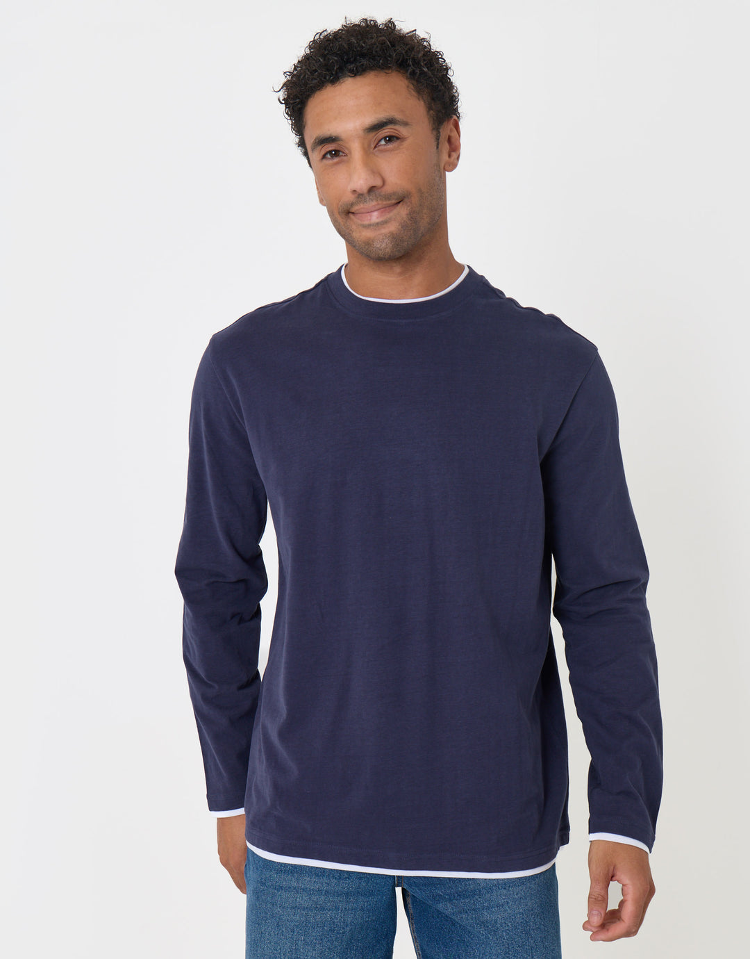 Threadbare Relaxed Fit Mock Layer Long Sleeve T-Shirt in Navy - front view