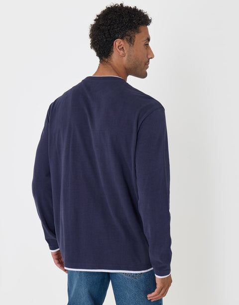 Threadbare Relaxed Fit Mock Layer Long Sleeve T-Shirt in Navy - back view
