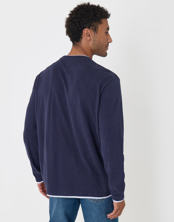 Threadbare Relaxed Fit Mock Layer Long Sleeve T-Shirt in Navy - back view