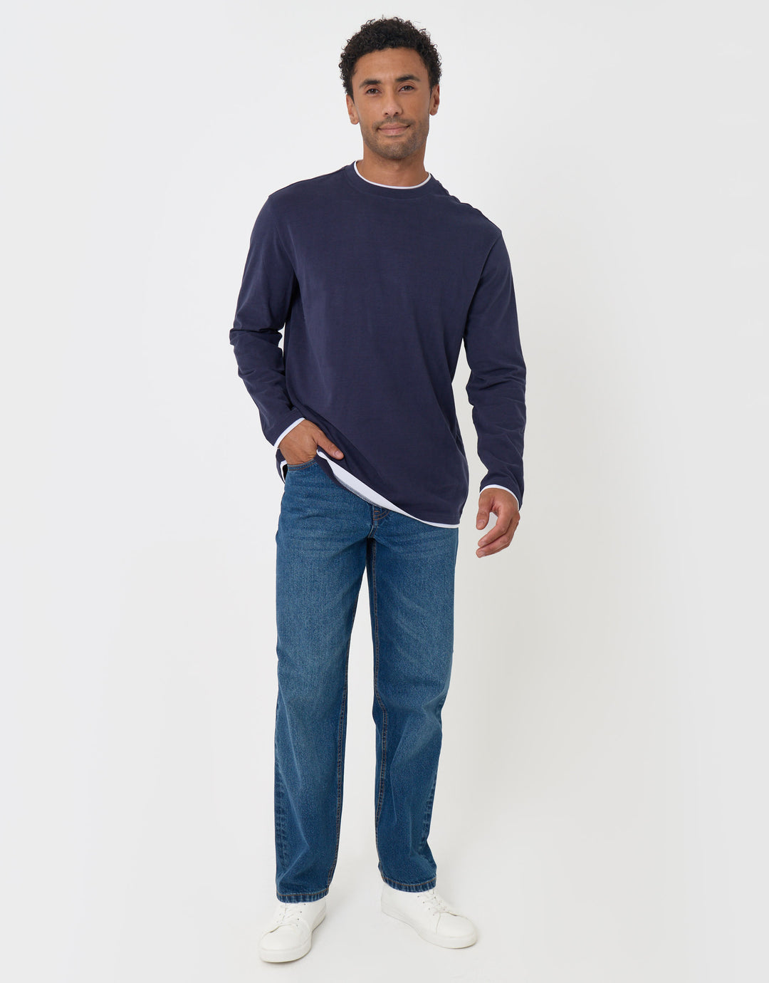 Threadbare Relaxed Fit Mock Layer Long Sleeve T-Shirt in Navy - full body