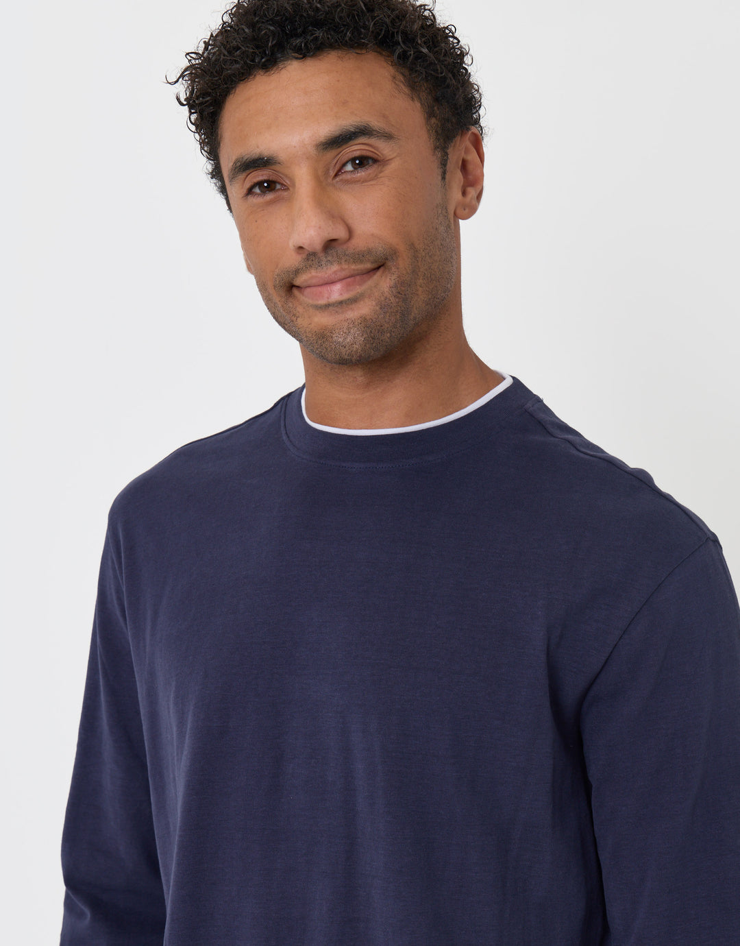 Threadbare Relaxed Fit Mock Layer Long Sleeve T-Shirt in Navy - close up