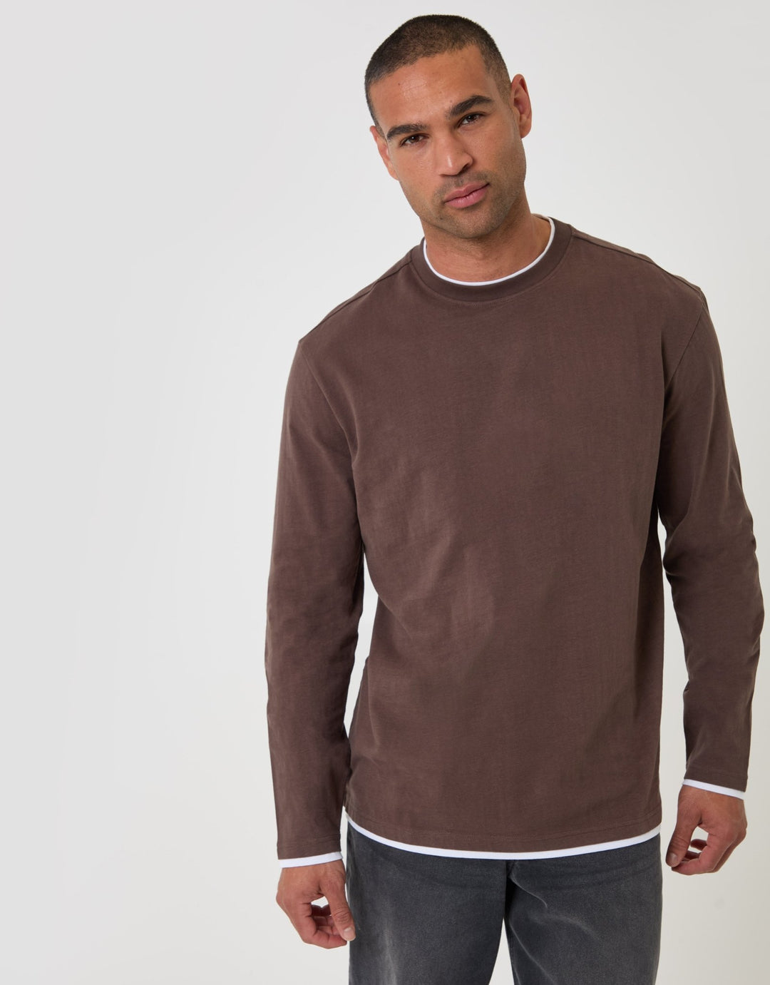 Threadbare Relaxed Fit Mock Layer Long Sleeve T-Shirt in Chocolate Brown - front view