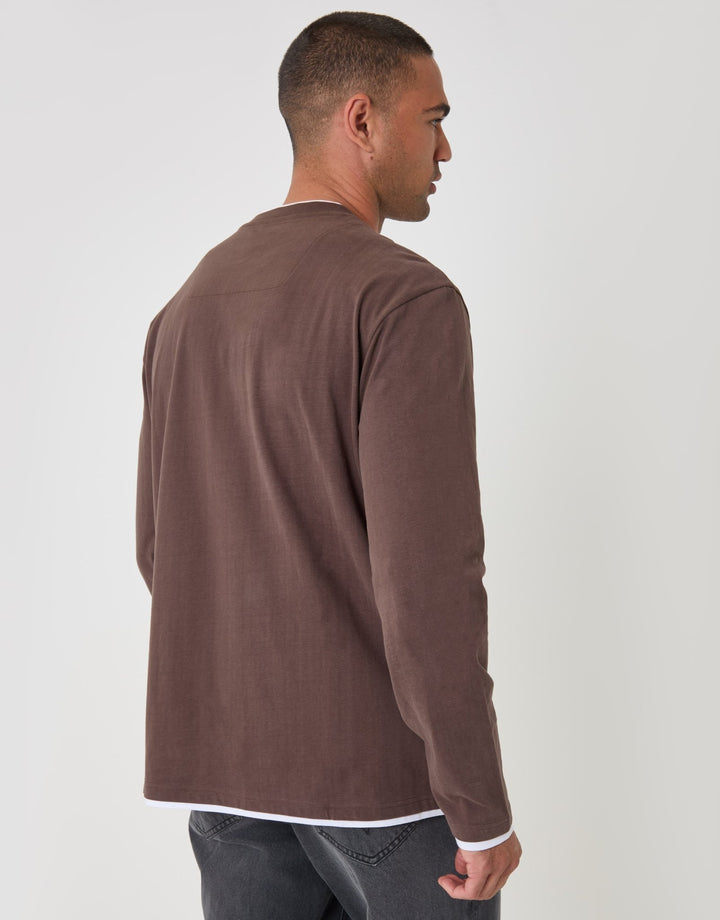Threadbare Relaxed Fit Mock Layer Long Sleeve T-Shirt in Chocolate Brown - back view